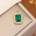 Gold stainless steel emerald green pendant with white rhinestones for DIY jewelry. - Rectangular Green Stone Style (0128) / Gold