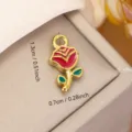 Small gold rose pendant DIY jewelry accessory with red enamel and dimension markings - Rose Flower Style (0138) / Gold