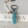 Blue rhinestone stainless steel beer bottle opener on fashion magazine - Lake Blue