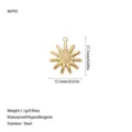 Detail view of 18K gold plated stainless steel sun pendant with dimensions and weight info - Sunflower Style (A0792) / Gold