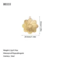 Detailed size and weight view of a golden stainless steel flower pendant. - Swirled Petal Flower Style (B0333) / Gold