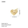 Ciondolo a cuore in acciaio inossidabile placcato oro 18K con dettagli di misura - Stile Floreale Intagliato (C0030) / Oro