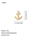 Detail view of 18K gold plated stainless steel anchor charm with size and weight specs. - Pave Rhinestone Anchor Style (F0161 Gold)