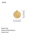 Detailed view of gold stainless steel Hamsa charm with dimensions and specifications - Hamsa Hand Pendant (A0756) / Gold