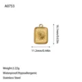 Detailed view of a gold-plated stainless steel sun pendant including size and weight specs - Sun Square Pendant (A0753) / Gold