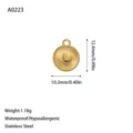 Detailed view of a gold sunburst stainless steel charm with dimensions and weight specs - Sun Round Pendant (A0223) / Gold