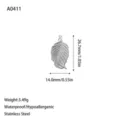 Gedetailleerde weergave van een roestvrijstalen veren hanger met exacte afmetingen - Veer Stijl (A0411) / Staalkleur