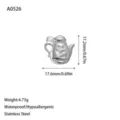 Teapot shaped stainless steel pendant detail with 17.2mm height and 4.73g weight. - Teapot Shape (A0526) / Steel