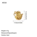 Detailed view of gold-plated teapot charm in stainless steel with measurements - Teapot Shape (A0526) / Gold