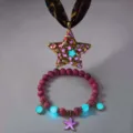 Luminous star necklace and starfish bracelet set with glowing details and leopard ribbon. - Necklace Bracelet Set / Gold (Rose Red Light)