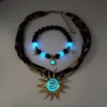 Luminous summer beach jewelry set with glowing sun pendant and lava bead bracelet. - Gold Blue Glow Necklace Bracelet Set