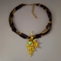 Luminous conch pendant necklace with leopard print cord and pearl accents for women - Necklace / Gold Orange Red