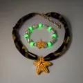 Lichtgevende zeester ketting en parelarmband set met luipaardprint stof bandje chic. - Oranje-rood Lichtgevende Halsketting en Armband Set (24#)