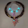Glow in the dark conch necklace and beaded bracelet set showing luminous details - Necklace Bracelet Set / Gold Magenta