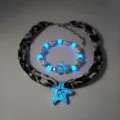 Gedetailleerd overzicht van de lichtgevende blauwe zeester halsketting en armband sieradenset - Zilver Blauw Lichtgevende Halsketting en Armband Set (26#)