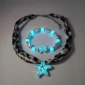 Lichtgevende blauwe zeester ketting en armband set die levendig gloeit in het donker - Zilver Cyaan Lichtgevende Halsketting en Armband Set (28#)