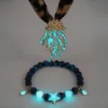 Dreamy luminous jellyfish necklace with leopard ribbon and glowing star charm bracelet - 118# Gold-Colored Necklace and Bracelet Set with Blue-Green Glow