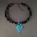 Luminous conch shell pendant necklace with leopard print fabric and pearl accents - Necklace / Silver Blue Glow