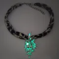 Luminous seashell pendant necklace with leopard print cord showing glowing effect - Necklace / Silver Green Glow