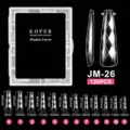 120-piece box of transparent plastic nail forms with detailed size measurements and chart - JM26 / 120 Count