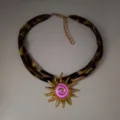 Luminous sun pendant necklace with leopard print fabric cord for beach - Gold Magenta Necklace