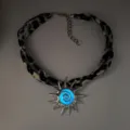 Luminous sun pendant choker with black and white patterned fabric band for beach - Silver Blue Glow Necklace