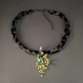 Luminous conch shell pendant necklace featuring leopard print fabric band choker - Necklace / Silver Orange Red