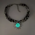 Bohemian glow-in-the-dark sun pendant necklace featuring a trendy leopard print fabric cord - Silver Green Glow Necklace