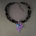 Luminous silver conch pendant necklace with leopard print cord and purple glow effects - Necklace / Silver-Rose Red Zircon