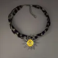 Luminous sun pendant necklace featuring leopard print fabric strap for summer beach wear - Silver Orange-Red Necklace