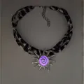 Handmade glowing sunburst necklace with purple spiral and leopard print fabric strap - Silver Rose Red Necklace