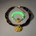 Luminous shell necklace and bracelet set with leopard print strap for beach holidays - 24#金色橙红项链手串套装