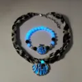Luminous blue shell necklace and bead bracelet set with glow-in-the-dark accents - 26#白K蓝光项链手串套装