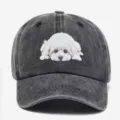 Unisex-Baseballkappe aus gewaschenem grauem Denim mit süßem weißem Welpendruck für Streetwear - Einheitsgröße / Schwarz