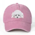 Verstellbare rosa Baseballkappe aus gewaschener Baumwolle mit süßem weißen Welpen-Grafikdruck - Einheitsgröße / Hellrosa