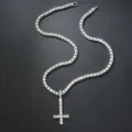 Detailed view of silver iced out inverted cross pendant on a sparkling tennis chain - With 16inch(40cm) Tennis Chain / Silver