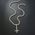 Luxurious iced out inverted cross pendant necklace with tennis chain for hip hop style - With 16inch(40cm) Tennis Chain / Gold