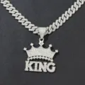 Iced-out silver-toned hip-hop necklace with crown KING letter pendant for men's fashion. - Pendant Only (Without Chain) / Silver