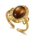 Anello regolabile vintage dorato con pietra naturale occhio di tigre e rilievi - Stile Rilievo con Motivo Solare e Occhio di Tigre Ovale (015)