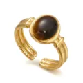 Anello vintage regolabile placcato oro con una pietra naturale occhio di tigre ovale - Stile Occhio di Tigre a Righe Larghe (07)