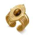 Anello vintage dorato a fascia larga con pietra occhio di tigre e motivo a sole - Stile Occhio di Tigre a Faccia Larga con Motivo Solare (029)