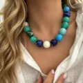 Close-up of bohemian chunky necklace with multicolored marble-patterned round beads - Marble Pattern Large Round Bead Style (A841-1) / Blue Green Patchwork (A841-1)