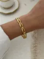 Nahaufnahme eines eleganten goldenen Edelstahl-Muschelarmbands an einem Frauenhandgelenk - Muschel Gliederarmband (A281) / Gold