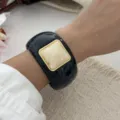 Retro black resin wide bangle with marbled square stone inlay in golden finish - Blue & Beige Brown