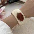 Retro marbled cream resin wide bangle with oval reddish-brown faux stone for women - Marble Red Brown
