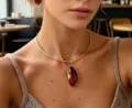 Elegant vintage gold choker necklace with irregular amber pendant and matching earrings set - Torque Necklace (7950) / Amber