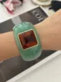 Vintage style green faux jade wide bangle with a large square amber resin stone - Coffee Sugar Cube Charm Style / Green