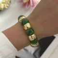 Klobiges Vintage-Gold und dunkelgrünes marmoriertes Harz-Perlenarmband für Damen - Dunkelgrün (824 Dunkelgrün)