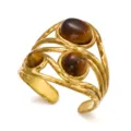 Anello regolabile in oro in stile vintage con tre pietre naturali occhio di tigre - Stile Invecchiato con Tre Occhi di Tigre (04)