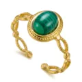 Anello vintage regolabile in oro con una preziosa gemma di malachite verde. - Stile Traforato con Malachite Ovale (05)